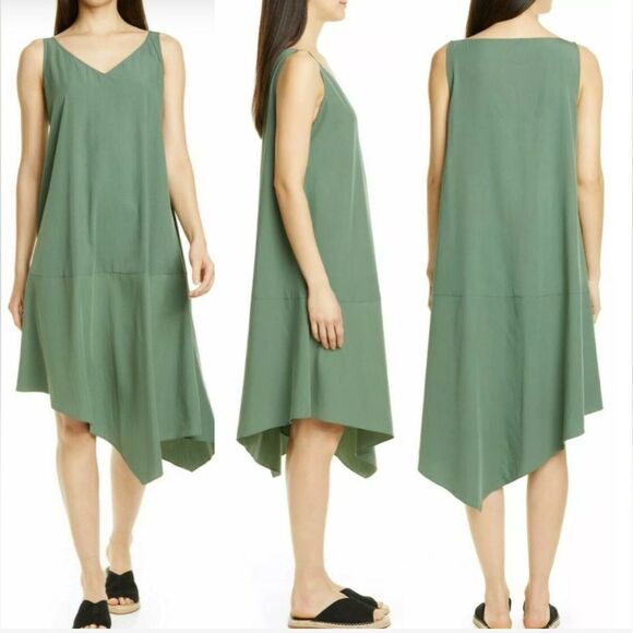 Eileen Fisher Sandwashed Tencel Asymmetrical Shift Dress in Nori Green Size XS - Picture 1 of 7